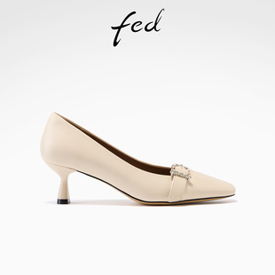 fed素雪金痕单鞋春季新款女鞋细跟白色高跟鞋法式真皮鞋女ZCB051