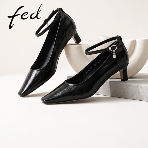 fed真皮方跟一脚蹬增高女单鞋