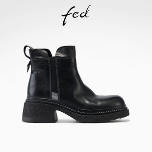 S1114 女靴黑色烟筒靴厚底短靴女款 ZC256 新款 fed真皮切尔西靴冬季