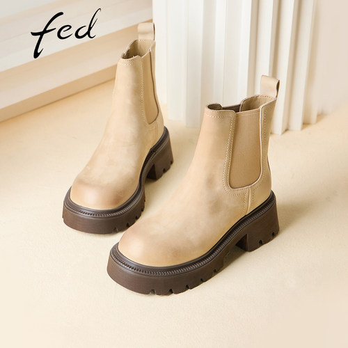 fed真皮增高粗跟烟筒靴女款