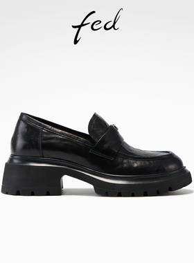 fed黑色小皮鞋春季新款女鞋墨岩踏痕乐福鞋厚底深口单鞋女款ZC076