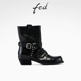 S1028 fed粗跟短靴冬季 靴黑色西部靴女款 女靴皮带扣时装 YA076 新款