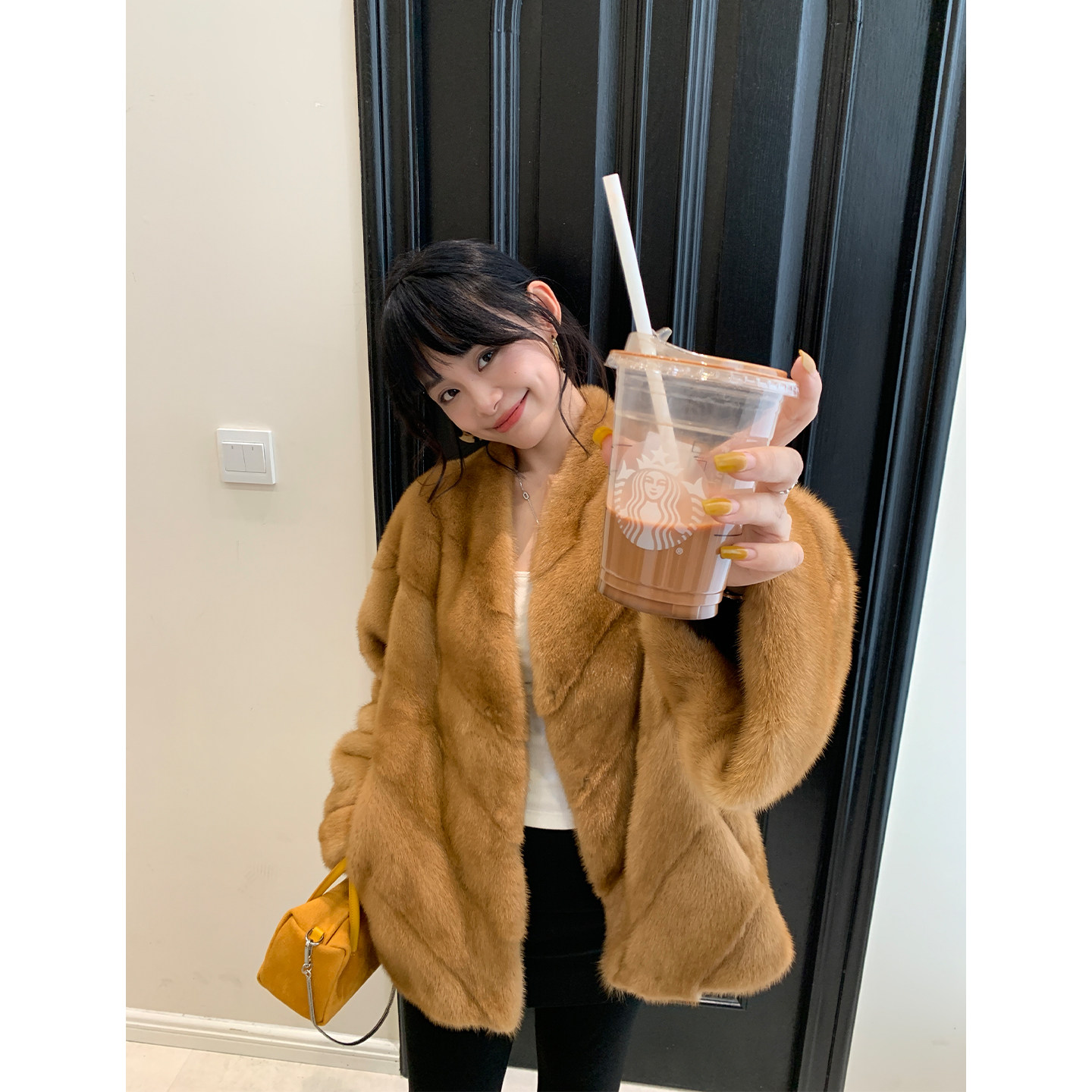 FANGLI方梨 新款进口斜排天鹅绒貂皮大衣整貂V领水貂毛皮草外套女