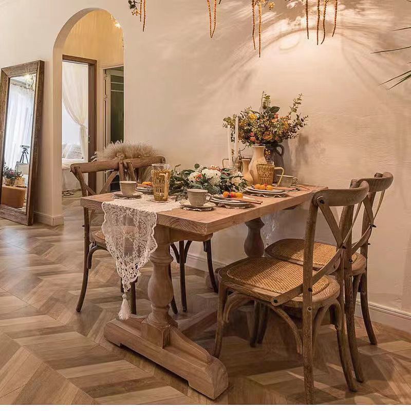 法式乡村实木复古餐桌家用饭桌美式餐厅原木桌子罗马柱长方形长桌