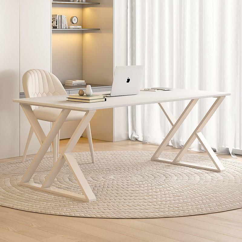 奶油风纯白书桌现代台式电脑桌办公桌轻奢岩板简约卧室家用学习桌
