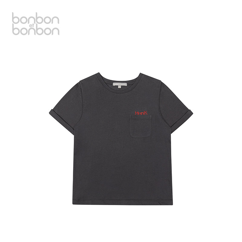bonbon et bonbonT恤儿童翻折边趣味刺绣绣花T恤夏季棉简约短袖新