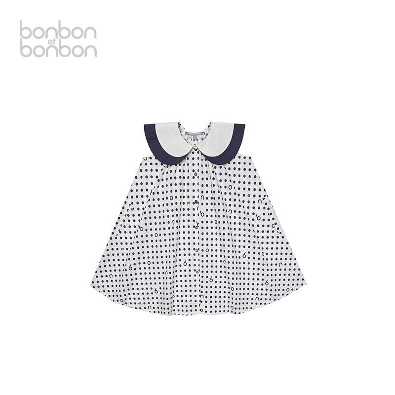 bonbon et bonbon连衣裙儿童经典波尔卡圆点双领连衣裙夏日女童裙
