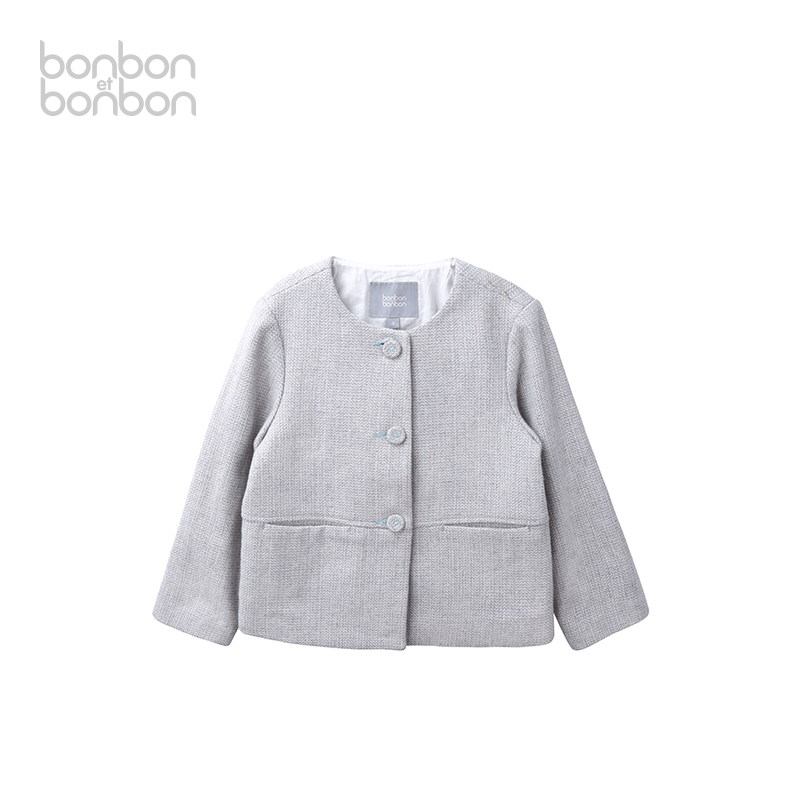 bonbon et bonbon普通外套儿童女蓝灰色羊毛无领毛呢外套时髦休闲
