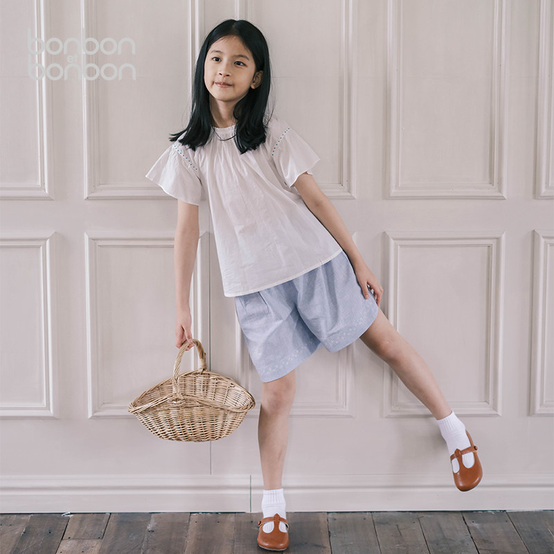 bonbon et bonbonT恤儿童夏日纯棉绣边曲芽手工点点上衣白色休闲