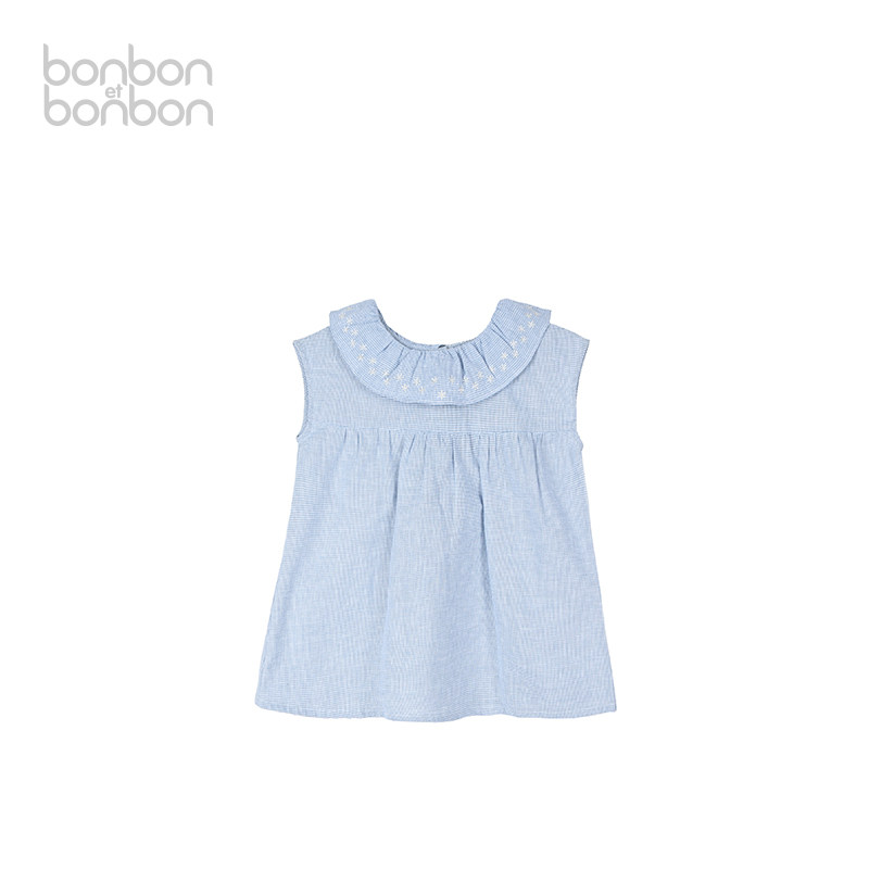 bonbon et bonbon衬衫儿童清爽夏日棉麻荷叶边领蓝色细格上衣时髦