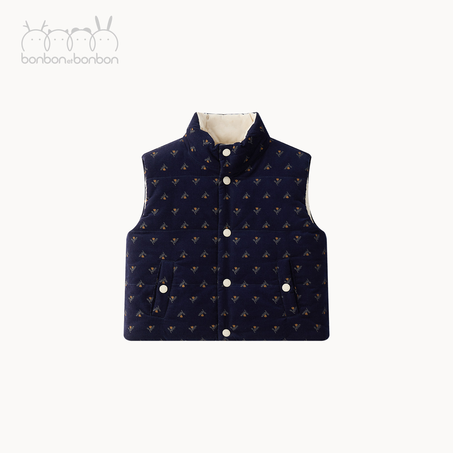 bonbon et bonbon儿童100%棉文艺立领藏青碎花灯芯绒马甲秋冬新品
