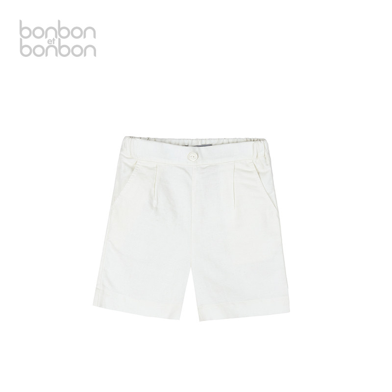 bonbon et bonbon裤子儿童白色棉麻翻折边短裤口袋绣花清爽百搭舒