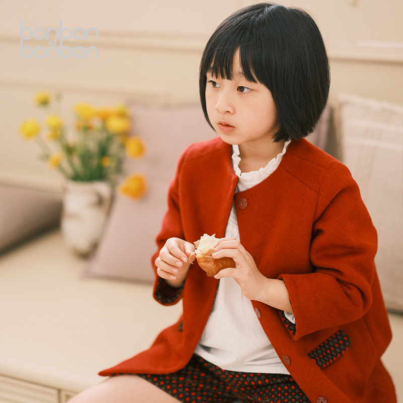bonbon et bonbon 儿童朱砂红一片式立领毛呢外套秋冬童装联名款