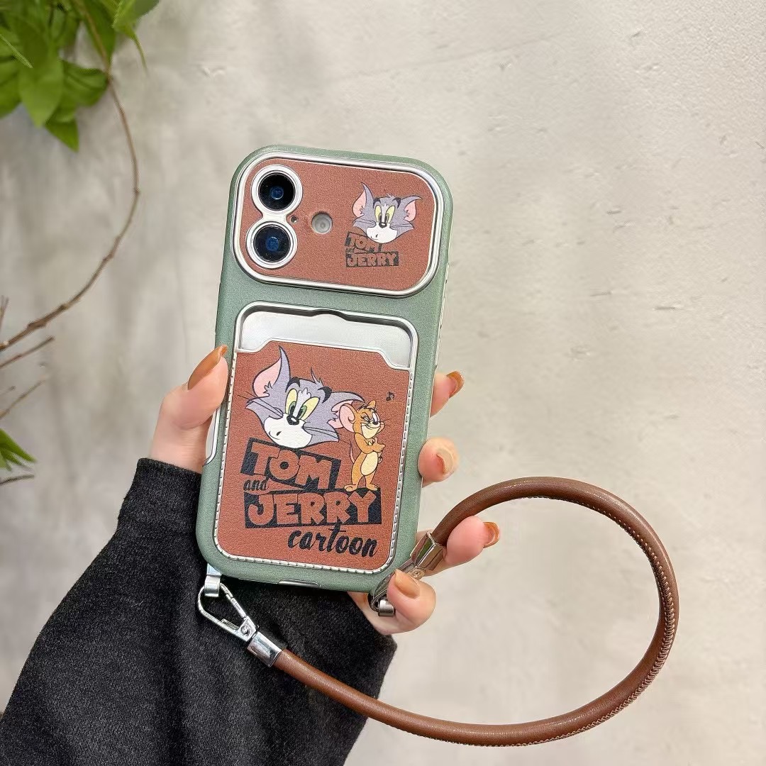 猫和老鼠可爱卡通手提皮质iPhone16promax适用苹果13手机壳15pro卡包max可插卡14女款挂绳全包16防摔保护套15