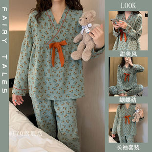 家居服套装 甜美睡衣女春秋季 外穿长袖 新款 学生樱桃印花蝴蝶结薄款