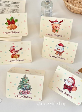 可爱圣诞手绘贺卡信封套装浅黄色波点手写祝福语卡片可折叠ins风