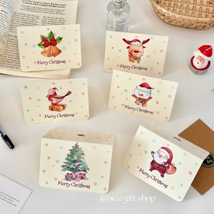 可爱圣诞手绘贺卡信封套装 浅黄色波点手写祝福语卡片可折叠ins风