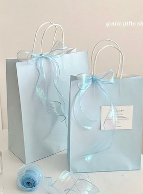 淡蓝色牛皮纸袋温柔纯色礼物打包袋加厚甜品蛋糕打包购物袋手提袋