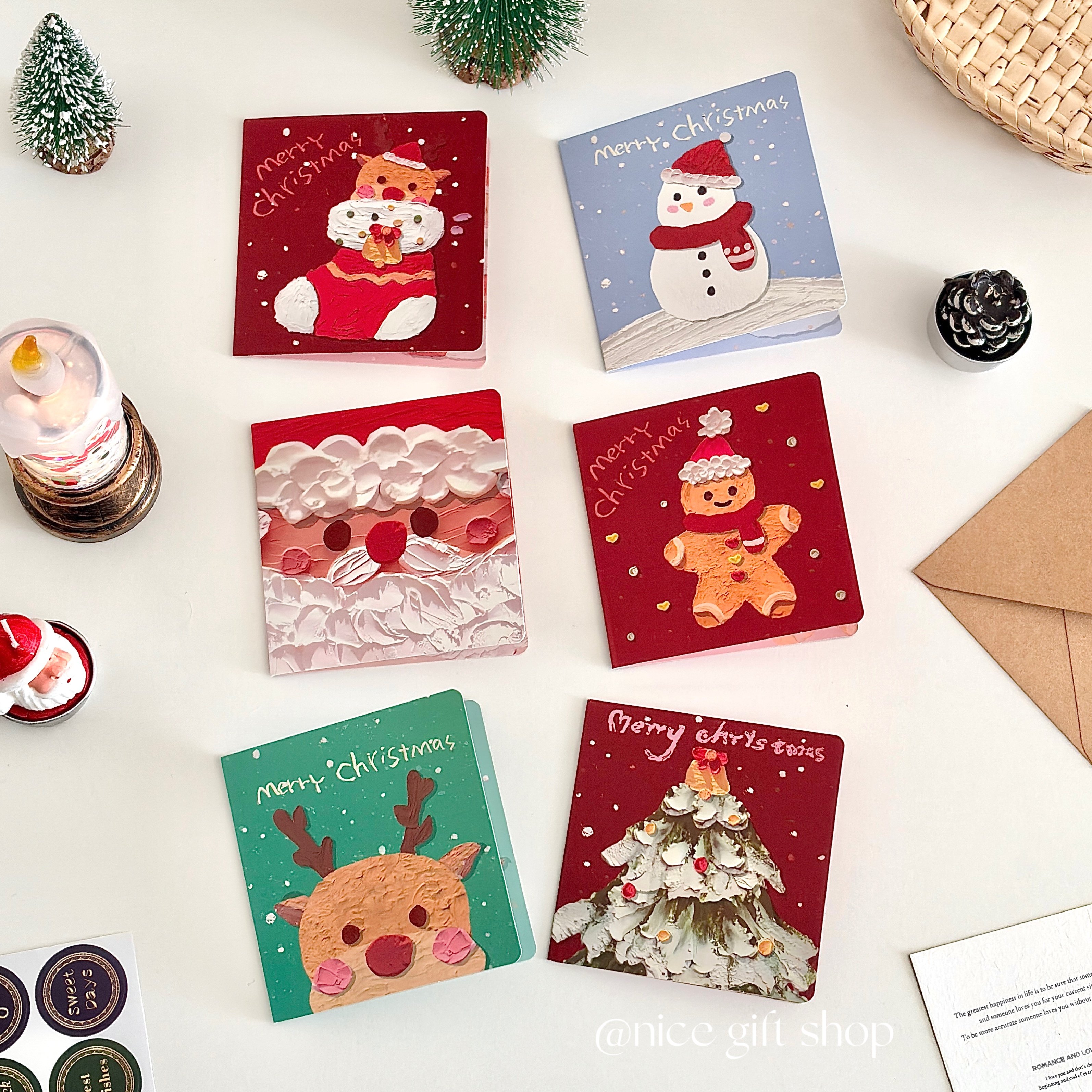 6套1组‘油画风圣诞节贺卡信封套装节日手写折叠祝福语卡片ins风