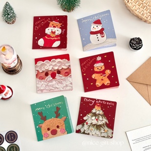 6套1组‘油画风圣诞节贺卡信封套装 节日手写折叠祝福语卡片ins风