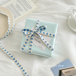海盐蓝珠光雪梨纸ins风节日礼物包装 材料刺绣爱心丝带氛围感包装