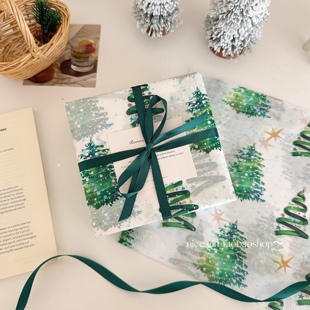 绿色圣诞树高颜值节日礼物包装 纸出卡打包内衬雪梨纸氛围感花艺纸