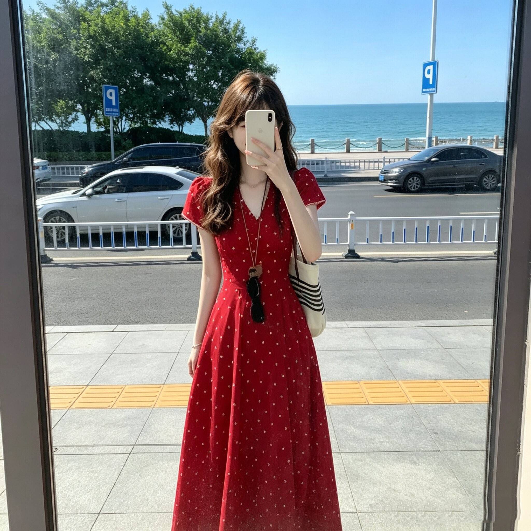法式复古红波点V领收腰显瘦大摆