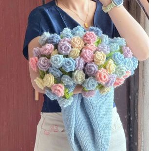 手工diy尖角渐变玫瑰花束毯子毛线材料包钩织毯披肩铃兰钩织礼物