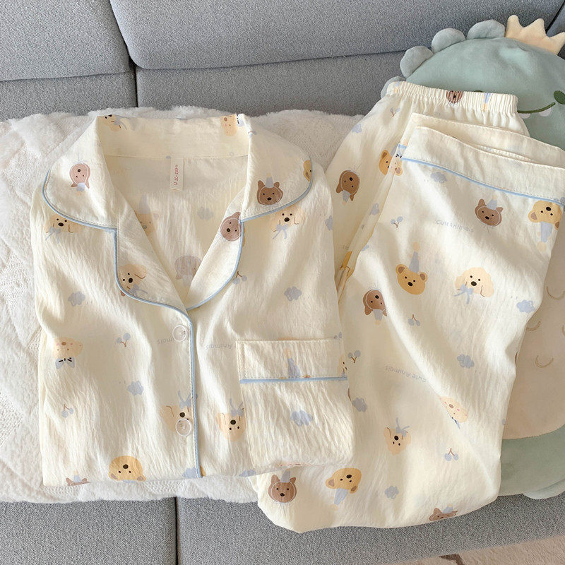 云朵纯棉纱睡衣女长袖长裤春秋款套装可爱小狗少女开衫家居服夏季