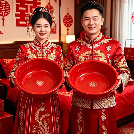 结婚喜盆一对装女方陪嫁红色洗脸盆毛巾喜字新娘嫁妆套装新婚礼物