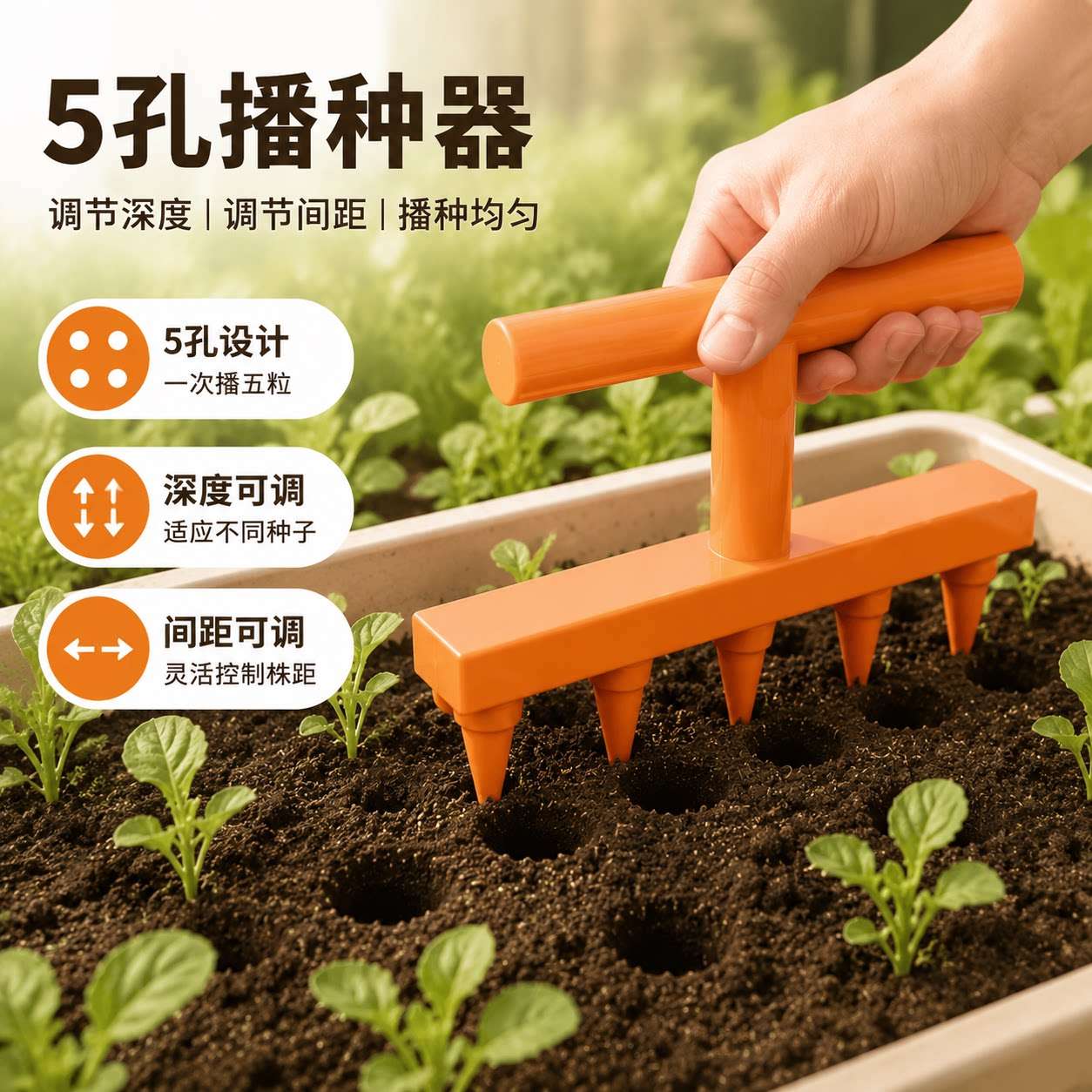 园艺播种器5孔可调深度间距量播