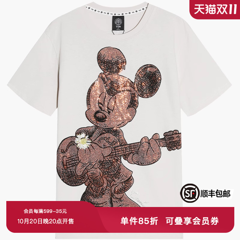 tch潮牌弹琴烫钻米白男女同款t恤