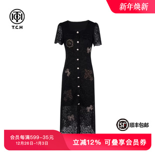 TCH轻奢烫钻气质方领收腰显瘦长裙夏蕾丝镂空连衣裙女T75B30E1080