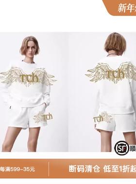 TCH春秋新款翅膀字母烫钻长袖白色卫衣T21111C3001