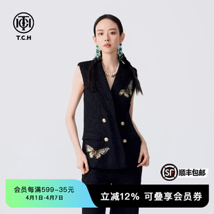 百搭无袖 马甲背心女春秋T72C016036 时尚 TCH轻奢烫钻蕾丝款