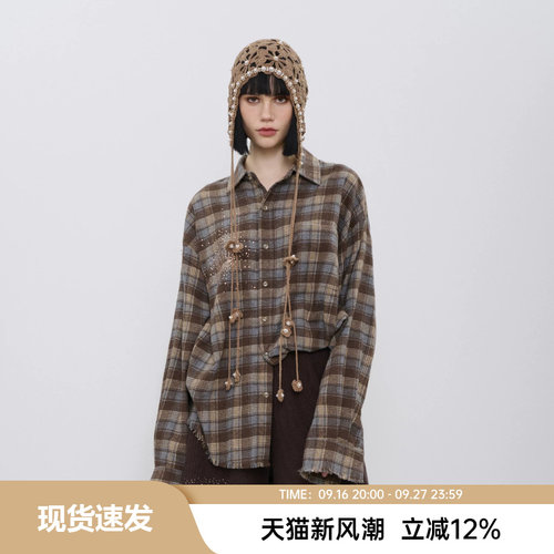 TCH私服烫钻高级时尚百搭流苏格子衬衣2024秋冬新款T72C13E5002A