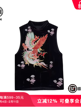 TCH新中式烫钻刺绣丝绒马甲女春秋复古气质上衣T72C266003