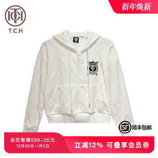 休闲宽松T69B17E6020 新款 TCH潮牌烫钻连帽华夫格拉链衫 夏季