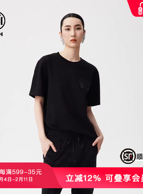 TCH春秋新款烫钻黑色简约半袖T恤男女同款休闲短袖T72C106068