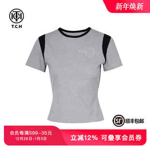 上衣女T72B10E6015 修身 TCH私服撞色烫钻圆领短款 T恤春秋新款