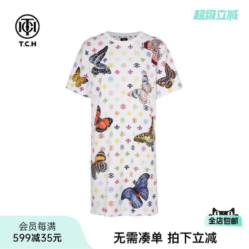 老花白色圆领T恤式连衣裙