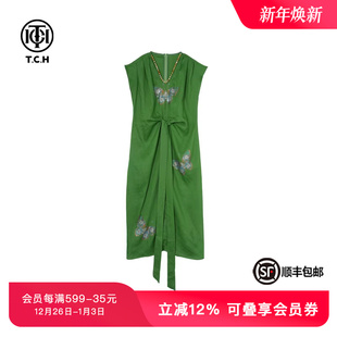 TCH私服烫钻设计感无袖 休闲百搭V领亚麻连衣裙女T75B30E5078 时尚