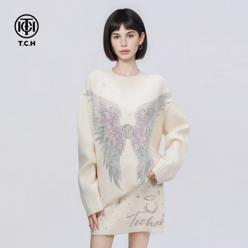 TCH烫钻气质百搭绵羊毛套头针织衫A字短裙女时尚套装T75D07E1065