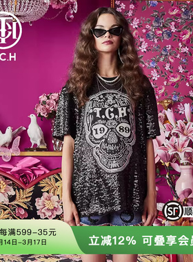 TCH潮牌轻奢潮牌短袖T恤烫钻手工刺绣大翅膀男女黑色T66A106106