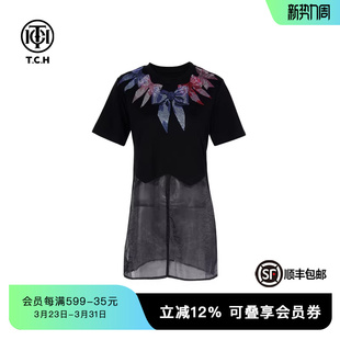 T恤女夏季 黑色短袖 T75B10E5061 个性 TCH私服烫钻设计感拼接时尚
