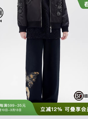 TCH新中式蝴蝶烫钻阔腿裤女春秋潮牌休闲直筒裤T72C206031