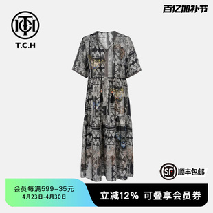 TCH现货私服时尚花色图案烫钻女款公主裙T75B30E5262轻奢tch