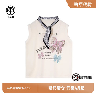 上衣T75B09E5056 polo领无袖 TCH私服烫钻针织背心女夏季 新款