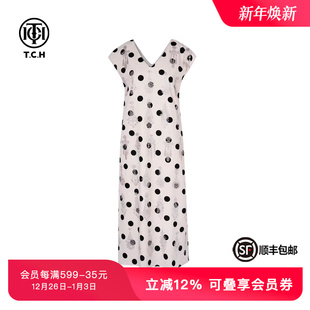TCH轻奢烫钻设计感时尚 休闲百搭V领宽松波点连衣裙女T75B30E1066