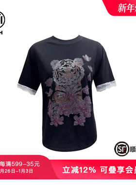 TCH新中式时尚夏季新款烫钻花卉小老虎黑色短袖T恤T75B10E1006